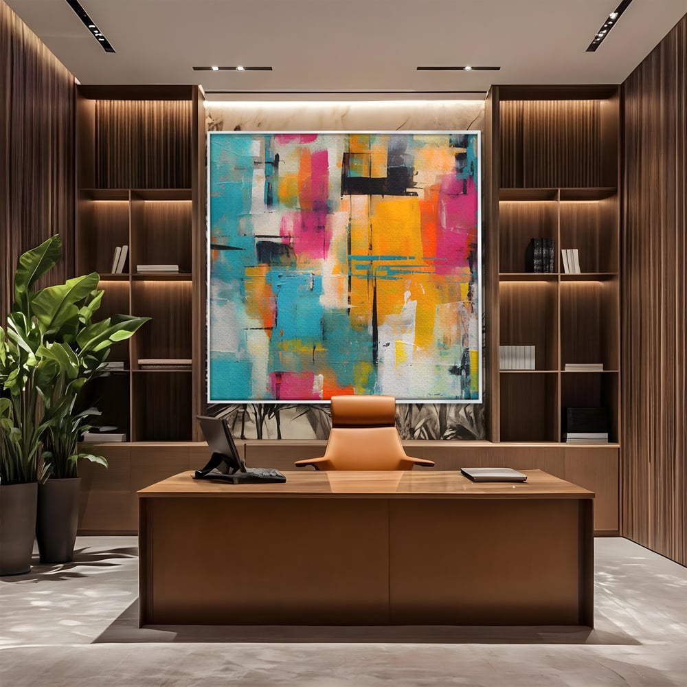 Tablou canvas cu pictura abstracta cu pete de culoare, in rama de aluminiu argintiu, pe perete intr-un birou